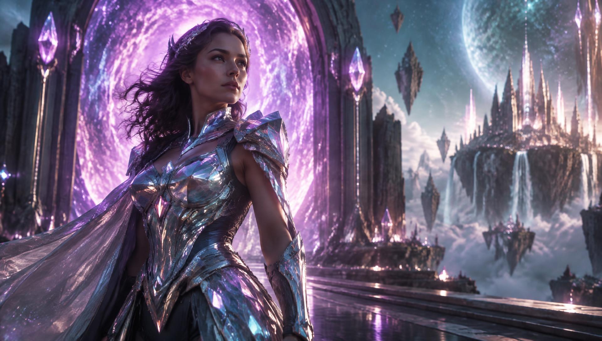 Film still: a warrior in crystal armor before a violet portal